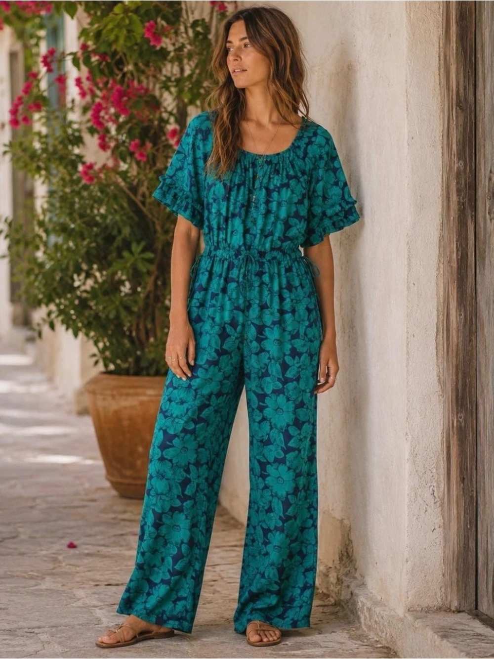 Sundance Grand Bays Lightweight Teal Floral Boho Wide-Leg Jumpsuit 100% Cotton M